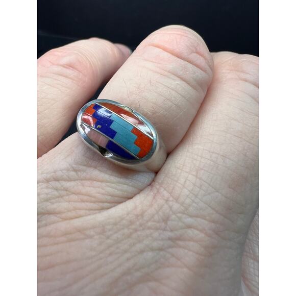 Vintage dead stock 925 Sterling Silver Southwest Mosaic Inlay Ring Size 7 - Picture 13 of 15